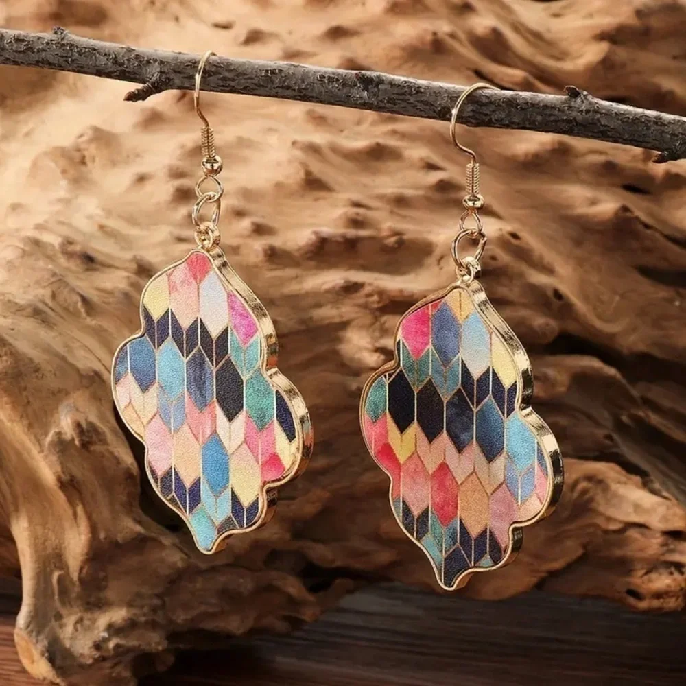 Gold Multicolor Patterned Drop Earrings - Women's Fashion Jewelry